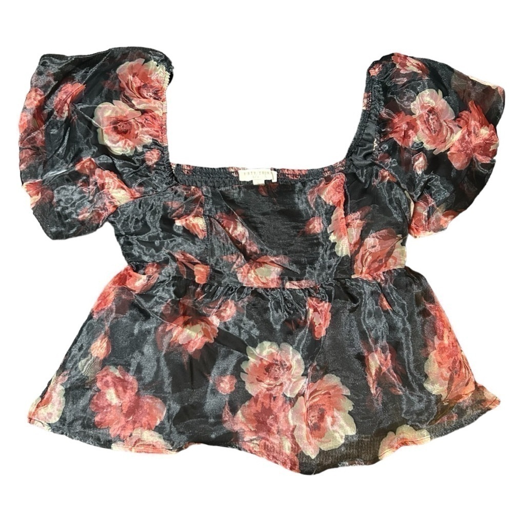 Thirty/Thirty LA Floral Puff Sleeve Cropped Babydoll Blouse Blk Pink L